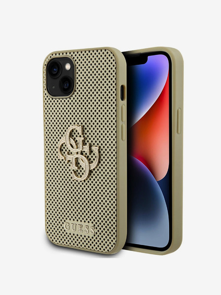 Guess PU Perforated 4G Glitter Metal Logo Zadní Kryt pro iPhone 15 Gold Phone case