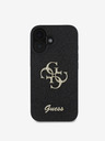 Guess PU Fixed Glitter 4G Metal Logo Zadní Kryt pro iPhone 16 Black Phone case