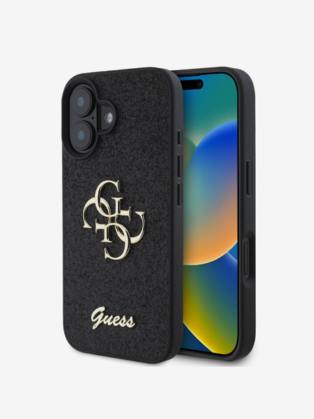 Guess PU Fixed Glitter 4G Metal Logo Zadní Kryt pro iPhone 16 Plus Black Phone case