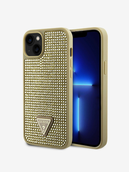 Guess Rhinestones Triangle Metal Logo Kryt pro iPhone 15 Gold Phone case